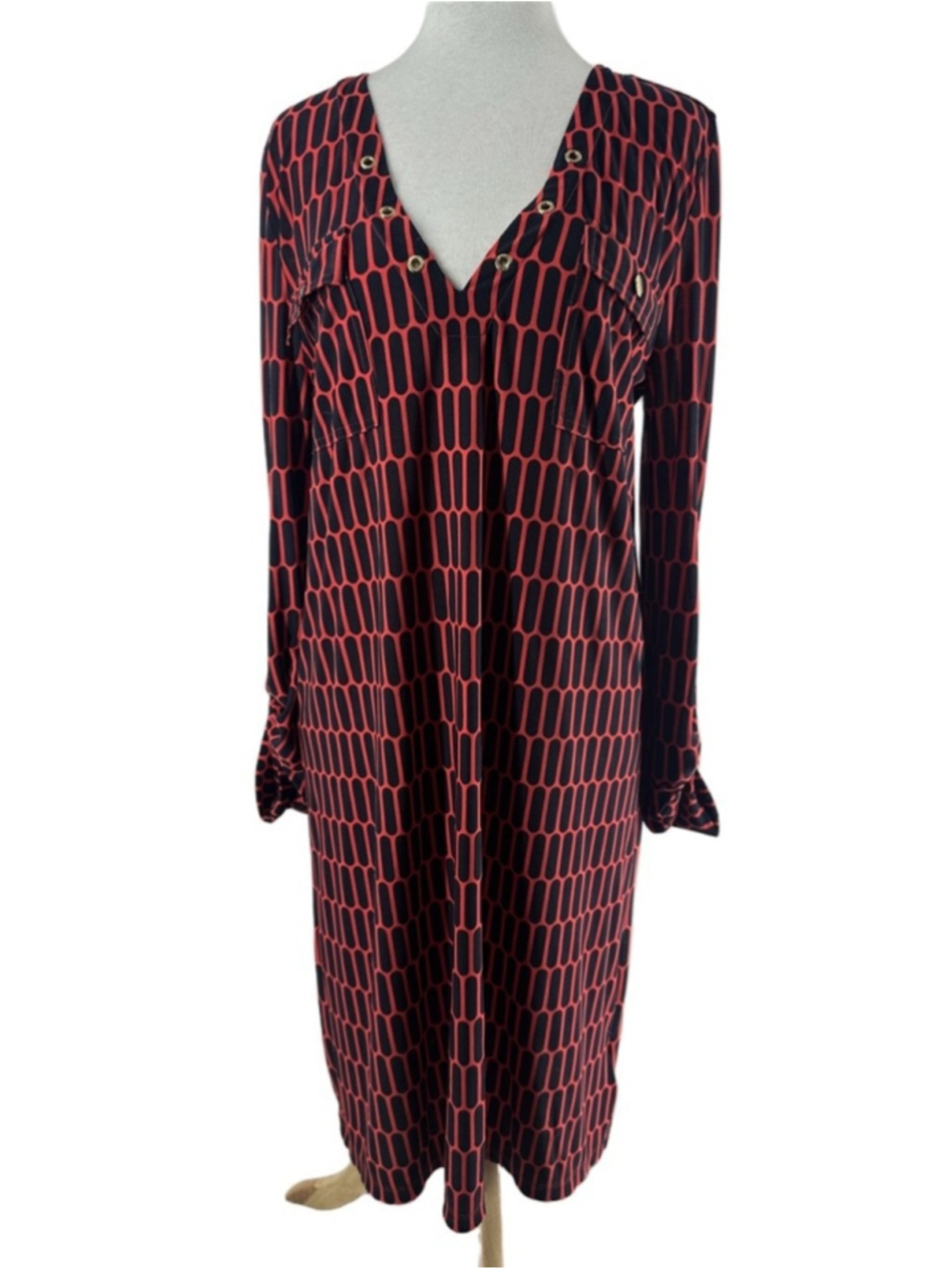MICHAEL Michael Kors tunic dress Red blue Geometric gold accents sz lg